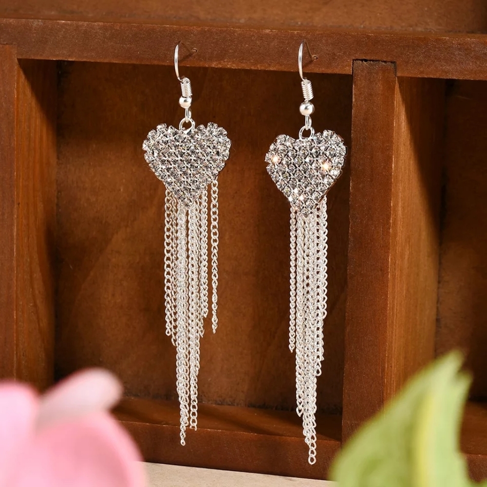 Silver & Gold White Crystal Heart Dangle Earrings - Picture 6 of 6